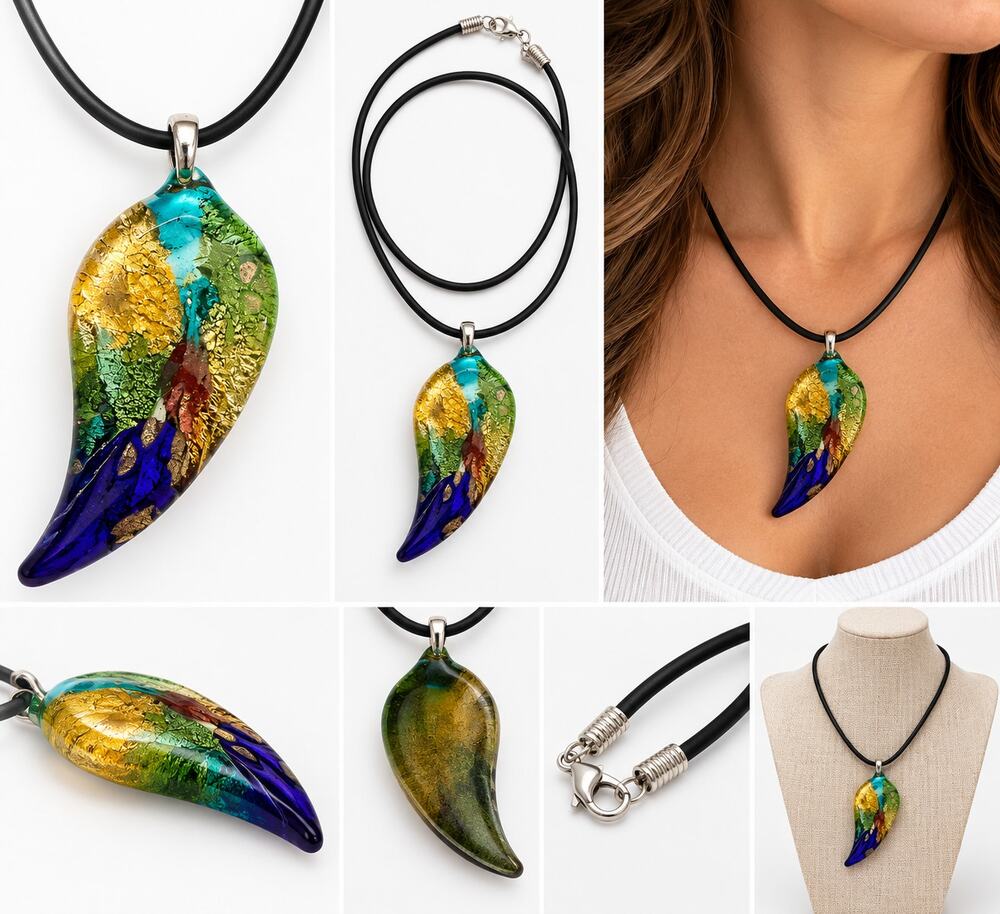 LS Arts Studio Art Glass Collection Multicolor Curved Pendant Necklace